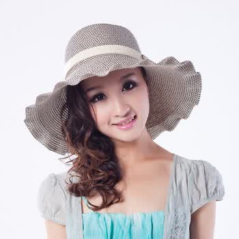 touch m98 木耳边大沿遮阳帽 夏季女款韩版草编太阳帽 藏蓝色 M(56-58cm)