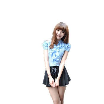 可绿尔 韩版时尚修身珍珠领短袖女士衬衫 KLK 389# 蓝色 XL