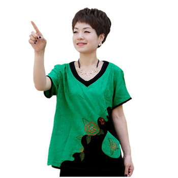 蕾曦 夏季新款唐装刺绣中老年短袖 气质休闲清凉妈妈装女装 SQB梦迪娜黑领 深绿 XXXL