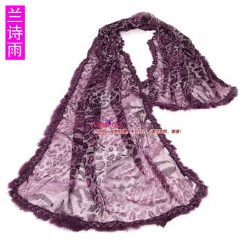 兰诗雨 真丝水貂毛豹纹女士围巾BGWJ550044 紫色 均码