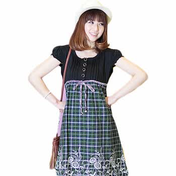 煜婴坊 夏季韩版格子绣花高腰孕妇裙京东诺曼底店庆，直降74元，只为店庆价！ 绿色 均码