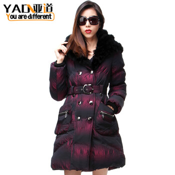 清仓特价 YAD 2012新款奢华獭兔大毛领加厚外套羽绒服 女中长款 紫红 M