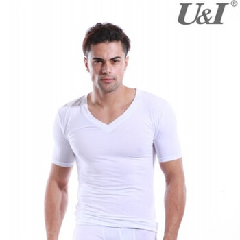 U&I 男士内衣 紧身短袖大V领 超细莫代尔夏 AF潮男T恤6112 湖蓝色 XL码