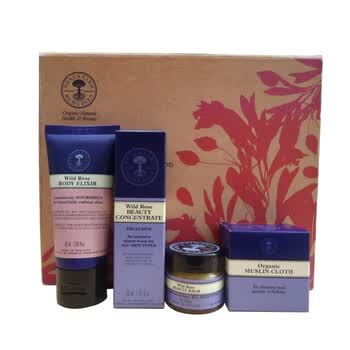 英国Neal's Yard Remedies NYR野玫瑰礼盒（面霜15g+面部浓缩液30ml+身体精华50ml+棉布）滋润美白