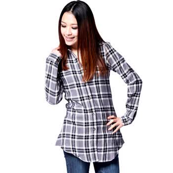 LFF 女士 长短袖两穿 全棉休闲格子衬衫 HB120380 黑白格 XL(39)