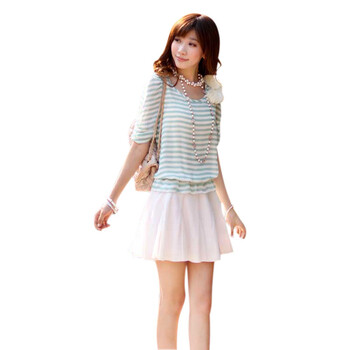 ebaby 衣宝贝 夏季新款短袖蝴蝶结条纹雪纺衫CY-CD-8777 绿色 L