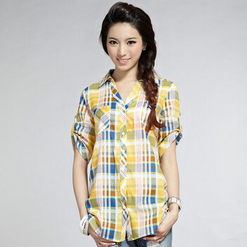 俏艺2012夏装新款淑女浅黄撞色翻领格子宽松五分袖绊袖衬衫1469 黄色 XL