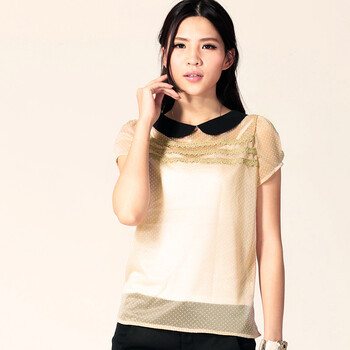 安都BASIC2012夏新款女装娃娃领蕾丝装饰波点短袖雪纺衫6211222 肤色 L