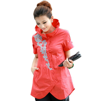 丝柏舍2012夏新款女短袖手工刺绣修身休闲布衣百搭054 红色 XXL
