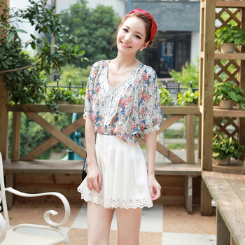 纳纹2012夏装新品女装尚蝙蝠袖碎花宽松女式衬衫039516S 浅蓝色 XL