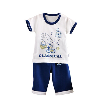 良质工房 男童圆领印花纯棉肩扣半袖T恤+短裤 T1202005 蓝色 90cm