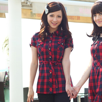 prosilu 葆斯奴2012夏装新款女装翻领格纹中长款卷袖衬衫 B1C5209 红格 M(160/84A)