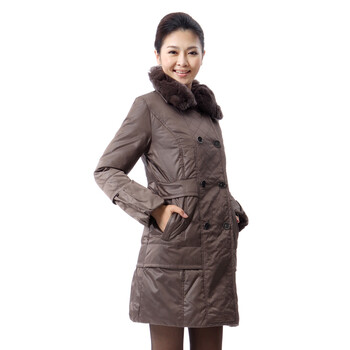 蓝冰 女 双排扣獭兔毛毛领修身型羽绒服 ^@^BA67000 胡桃色 180/XXXL