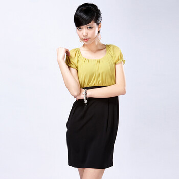 EVEI 怡惟2012新款短袖拼接连衣裙雪纺长裙188105 黄色 XL