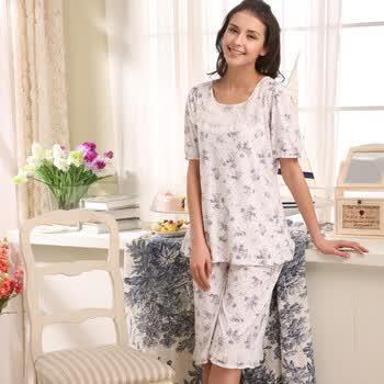 庆同女式夏天短袖睡衣可爱纯棉家居服套装6680 粉紫色 XXL