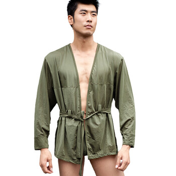 Hb正品 男士春夏季新品超薄长袖家居服上衣开衫系带浴袍浴衣 包邮 军绿 F