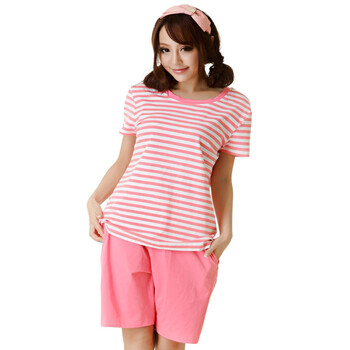 卡绚 keshine 情侣女士家居服条纹套装 女式纯棉睡衣夏季 套头圆领居家服 KSABGR0603 浅枚红LM XL