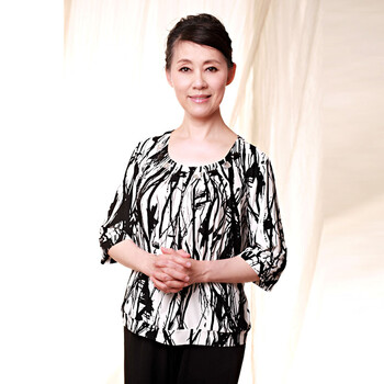 妍昆 妈妈装夏装 条纹中老年女装夏装 老年人女装短袖T恤 白色 4XL