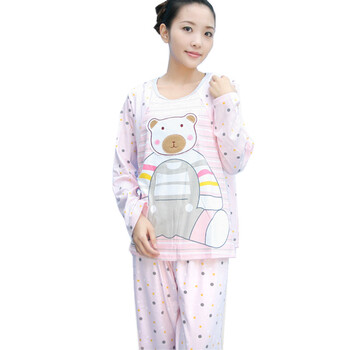蕾曦 乐乐熊长袖哺乳衣外出秋装孕妇装秋冬装哺乳套装月子服哺乳睡衣 WML.乐乐熊 粉色 M