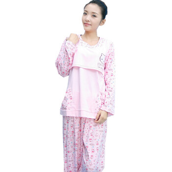 蕾曦 KT猫哺乳孕妇套装 月子服喂奶衣睡衣 夏秋冬可选 WML.KT猫 粉色 XL