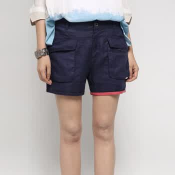 初念 2012夏装新款 文艺百搭立体口袋不对称包边亚麻短裤 2色 藏青色 L/170
