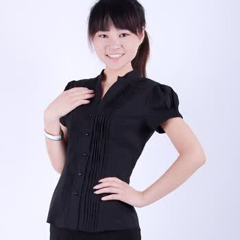 VERI GUDE 夏装 修身 V领小性感 OL通勤工装 百褶 风琴褶 女 短袖衬衫 黑色 XXL