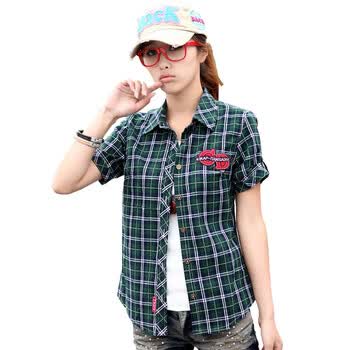 Moneka Beiluji 2012夏款 全棉短袖衬衫 方领绣花格子系列 MB8827 绿格 XL