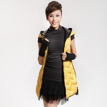 Cilaya/熙兰雅 撞色拉链内衬轻薄鞋格纹长款羽绒服背心女 11102 桔色 S