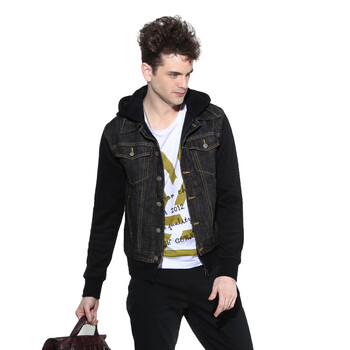 DESIGN CORNE 男士牛仔衣外套 牛仔贴布连帽外套J2S006 黑色 XL