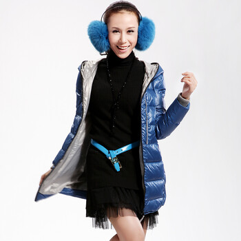 Cilaya/熙兰雅 撞色内衬简约轻薄修身长款羽绒服女正品 11713 灰蓝 XL
