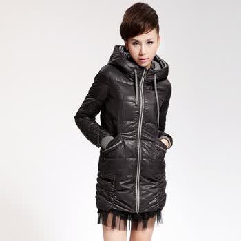 Cilaya/熙兰雅 撞色毛线罗纹袖口直插口袋长款羽绒服女正品 11733 黑色 XXL