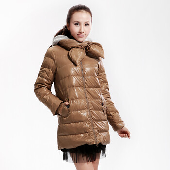 Cilaya/熙兰雅 蝴蝶节领口针织帽拼接修身长款羽绒服女正品 11745 驼色 XL