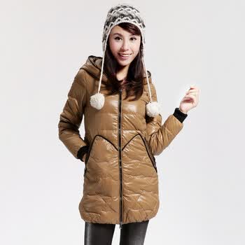 Cilaya/熙兰雅 菱形格纹撞色线条修饰 修身长款羽绒服女正品 11760 驼色 XXL