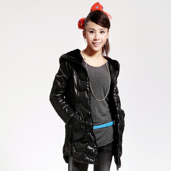 Cilaya/熙兰雅 三色入毛线帽波浪纹休闲长款羽绒服女正品 11768 黑色 XXL