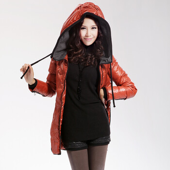 Cilaya/熙兰雅 四色入细格纹拉链袖口连帽长款羽绒服女正品 11731 桔格 XXL