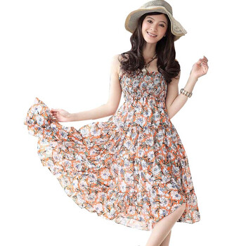 Moneka Beiluji 2012夏款 复合丝雪纺吊带连衣裙 大花百褶显胸系列 MX1232 桔红色 L