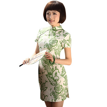 雀<em>之恋</em> 修身<em>淑女</em>时尚花色棉麻短袖低开衩旗袍