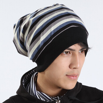 innobox男士纯棉针织多种戴法透气条纹帽子可