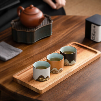 苏氏陶瓷（SUSHI CERAMICS）茶杯手绘山水画三色功夫杯文创主人杯中国风千里江山（黑白棕）