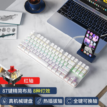 航世（BOW）G19 有线机械键盘 热插拔机械键盘 电脑办公键盘 电竞游戏键盘 87键混光键盘  红轴 白色