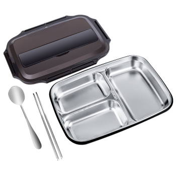 美厨（maxcook）304不锈钢饭盒 加大加深3格学生饭盒餐盘便当盒带分隔配餐具 1L黑色MCFT787