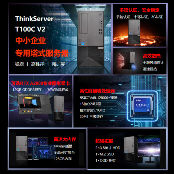 联想ThinkServer T100C V2塔式服务器主机 存储服务器工作站 酷睿i7-12700丨32G丨512G固态+2x1TSATA