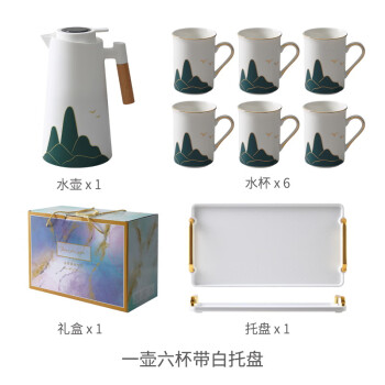 豪峰中式创意陶瓷茶具套装茶杯杯子组合整套-保温壶山水-白塑料盘