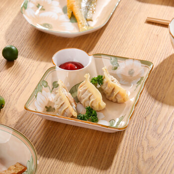 贺川屋陶瓷盘子日式7.5英寸饺子盘带醋碟家用蘸料盘创意餐具 山茶花