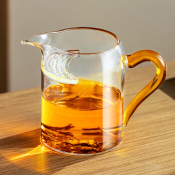 雅集月牙茶隔玻璃公道杯办公家用过滤茶杯泡茶杯琥珀把手400ml