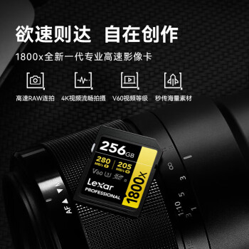 雷克沙（Lexar）SD存储卡 U3 V60 256GB 专业版高速内存卡读280MB/s 写205MB/s 4K高清流畅拍（1800x）