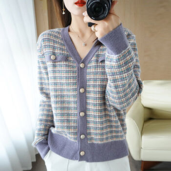 春秋女装复古格子气质休闲宽松长袖针织开衫毛衣外套女浪漫紫s7590斤