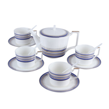 盛世唐韵咖啡套具TY-0309L-蓝色魅惑骨质咖啡杯简约咖啡壶1个 咖啡杯4个咖啡碟4个咖啡勺4个 家用