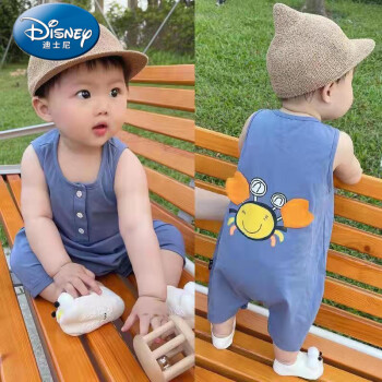  迪士尼0-1岁婴儿衣服宝宝无袖背心连体衣小螃蟹薄款可爱超萌哈衣小孩子 蓝色卡通小螃蟹 90 11-16个月