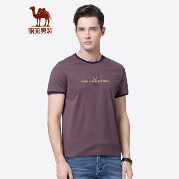 骆驼（CAMEL）男装 夏季男士休闲短袖t恤衫男圆领纯色印花纯棉体恤 紫色 L